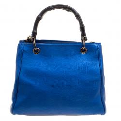 Pre Owned Gucci Metallic Blue Leather Small Bamboo Top Handle Shopper Tote