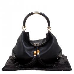 Pre Owned Gucci Black Leather Large Indy Top Handle Bag