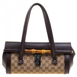 Pre Owned GucciBrown/Biege GG Canvas and Leather Bamboo Bullet Satchel