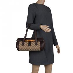 Pre Owned GucciBrown/Biege GG Canvas and Leather Bamboo Bullet Satchel