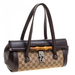 Pre Owned GucciBrown/Biege GG Canvas and Leather Bamboo Bullet Satchel