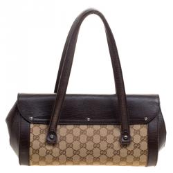 Pre Owned GucciBrown/Biege GG Canvas and Leather Bamboo Bullet Satchel