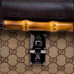 Pre Owned GucciBrown/Biege GG Canvas and Leather Bamboo Bullet Satchel