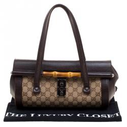 Pre Owned GucciBrown/Biege GG Canvas and Leather Bamboo Bullet Satchel