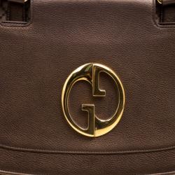Pre Owned Gucci Beige/Metallic Dark Beige Canvas and Leather  Medium 1973 Top Handle Bag