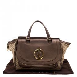 Pre Owned Gucci Beige/Metallic Dark Beige Canvas and Leather  Medium 1973 Top Handle Bag
