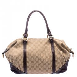 Pre Owned Gucci Beige/Burgundy GG Canvas and Leather Top Handle Bag