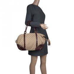 Pre Owned Gucci Beige/Burgundy GG Canvas and Leather Top Handle Bag