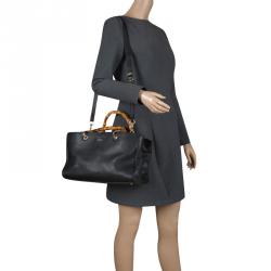 Pre Owned Gucci Black Leather Bamboo Top Handle Shopper Tote