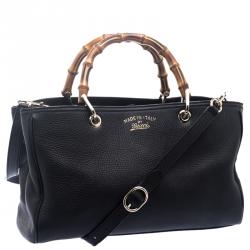 Pre Owned Gucci Black Leather Bamboo Top Handle Shopper Tote