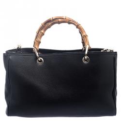 Pre Owned Gucci Black Leather Bamboo Top Handle Shopper Tote