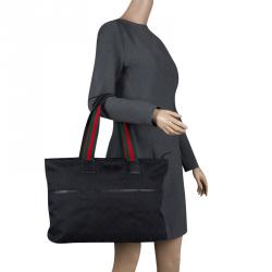 Pre Owned Gucci Black GG Canvas Web Diaper Tote