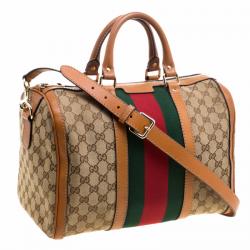 Pre Owned Gucci Beige/Tan GG Canvas Medium Vintage Web Boston Bag