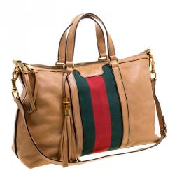 Pre Owned Gucci Light Brown Leather Web Rania Top Handle Bag
