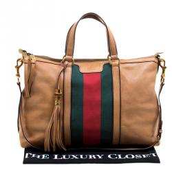 Pre Owned Gucci Light Brown Leather Web Rania Top Handle Bag