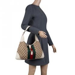 Pre Owned Gucci Beige/Off-white GG Canvas Medium Web Jackie O Hobo