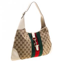 Pre Owned Gucci Beige/Off-white GG Canvas Medium Web Jackie O Hobo