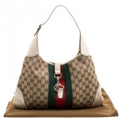 Pre Owned Gucci Beige/Off-white GG Canvas Medium Web Jackie O Hobo