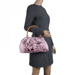Pre Owned Gucci Lilac Floral Print Leather Limited Edition Bamboo Top Handle Bag