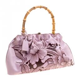 Pre Owned Gucci Lilac Floral Print Leather Limited Edition Bamboo Top Handle Bag