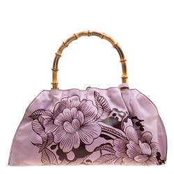 Pre Owned Gucci Lilac Floral Print Leather Limited Edition Bamboo Top Handle Bag