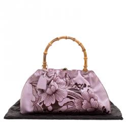Pre Owned Gucci Lilac Floral Print Leather Limited Edition Bamboo Top Handle Bag