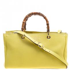 Pre Owned Gucci Yellow Leather Bamboo Top Handle Shopper Tote