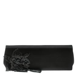مملوكة مسبقًا Gucci Black Satin and Snakeskin Floral Embellished Clutch 