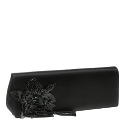 مملوكة مسبقًا Gucci Black Satin and Snakeskin Floral Embellished Clutch 