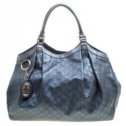 Pre Owned Gucci Teal Blue Guccissima Leather Large Sukey Tote