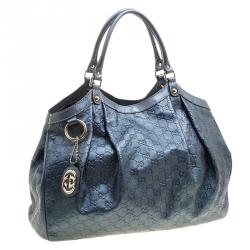 Pre Owned Gucci Teal Blue Guccissima Leather Large Sukey Tote