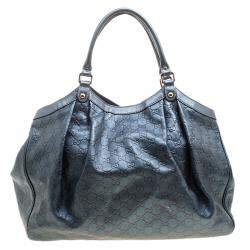 Pre Owned Gucci Teal Blue Guccissima Leather Large Sukey Tote