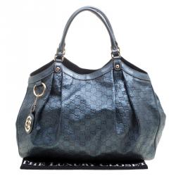 Pre Owned Gucci Teal Blue Guccissima Leather Large Sukey Tote