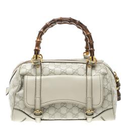 Pre Owned Gucci Off White Guccissima Leather Medium Bamboo Boston Bag