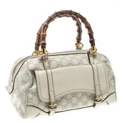 Pre Owned Gucci Off White Guccissima Leather Medium Bamboo Boston Bag