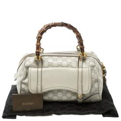 Pre Owned Gucci Off White Guccissima Leather Medium Bamboo Boston Bag