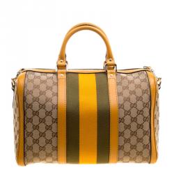 Pre Owned Gucci Beige/Tan GG Canvas Medium Vintage Web Boston Bag