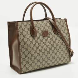 Pre Owned حقيبة يد غوتشي إنترلوكينغ جي كتان GG سوبريم بيج/بني وجلد