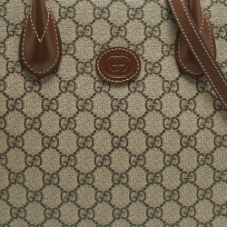 Pre Owned حقيبة يد غوتشي إنترلوكينغ جي كتان GG سوبريم بيج/بني وجلد