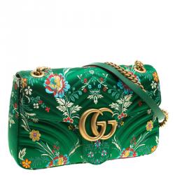 مملوكة مسبقًا Gucci Green Floral Print Satin GG Marmont Shoulder Bag