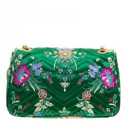 مملوكة مسبقًا Gucci Green Floral Print Satin GG Marmont Shoulder Bag