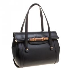 Pre Owned Gucci Black Leather Small Bamboo Top Handle Bag