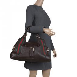 Pre Owned Gucci Dark Brown Leather Web Heritage Tote