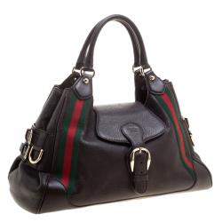 Pre Owned Gucci Dark Brown Leather Web Heritage Tote