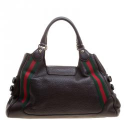 Pre Owned Gucci Dark Brown Leather Web Heritage Tote