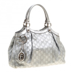 Pre Owned Gucci Silver Guccissima Leather Medium Sukey Tote
