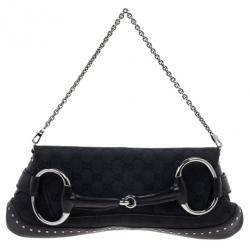 Pre Owned Gucci Black Monogram Canvas Horsebit Flap Clutch