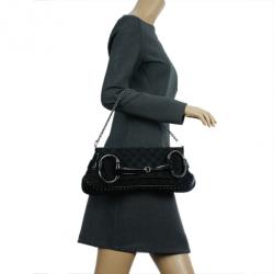 Pre Owned Gucci Black Monogram Canvas Horsebit Flap Clutch