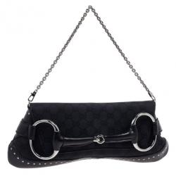Pre Owned Gucci Black Monogram Canvas Horsebit Flap Clutch