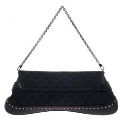 Pre Owned Gucci Black Monogram Canvas Horsebit Flap Clutch